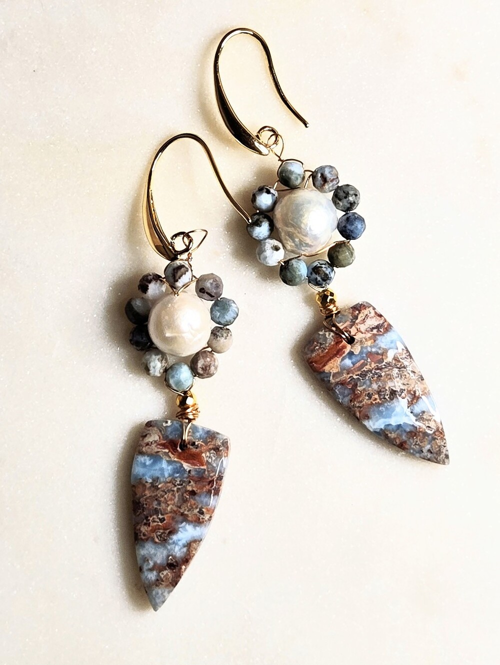 Natural Larimar & Baroque Pearls In Artisan Made Farmhouse Flower Pot Earrings